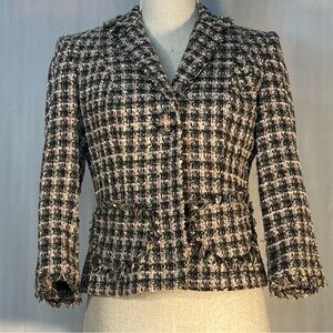 Boho Tweed Jacket Gray & Pink Raw Edges Pockets One Button 4👍
